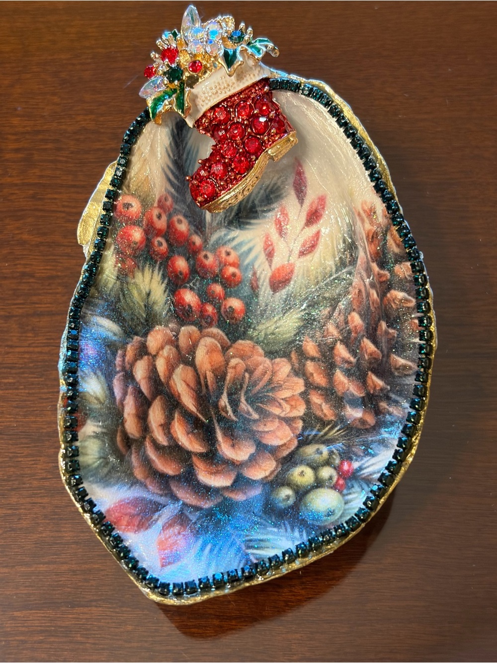Hand made holiday Christmas pinecone decoupage oyster trinket dish